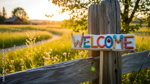 A colorful welcome sign on a rustic wooden fence in a serene countryside landscape at sunset