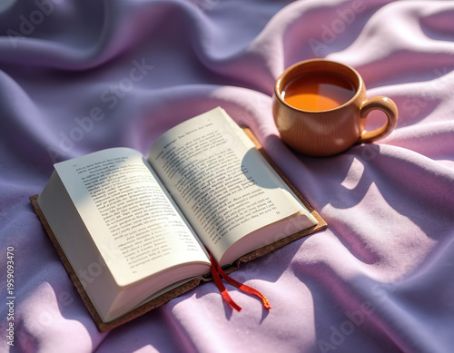 Cozy reading spot with warm tea and open book on a soft blanket