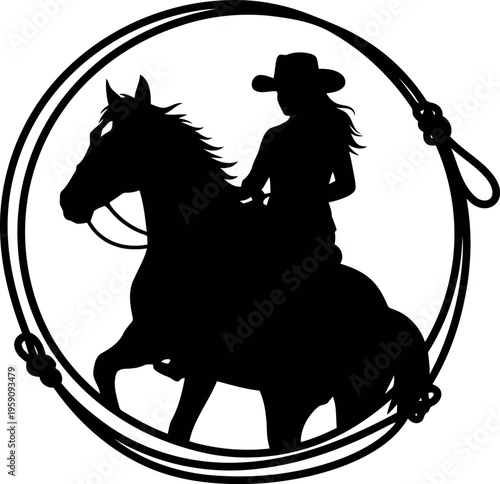 Silhouette of Cowgirl Riding Horse Inside Lasso Rope Frame Western Vector Illustration