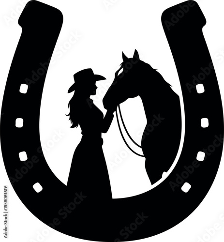 Silhouette of Cowgirl with Horse Inside Horseshoe Western Rodeo Logo Vector Illustration