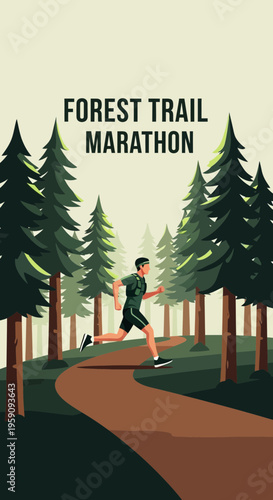 Energetic Athlete Conquers Forest Trail: Captivating Marathon Design for Digital Platforms