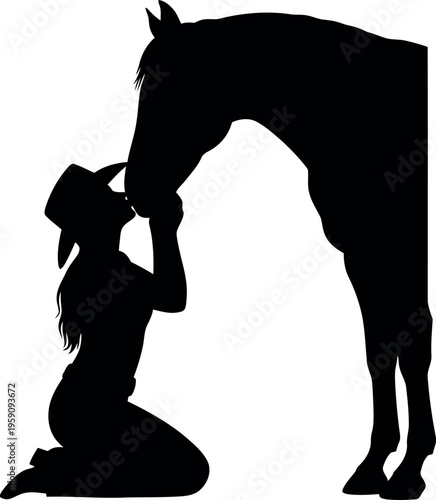 Silhouette of cowgirl kneeling and kissing horse, western ranch love, animal friendship vector illustration
