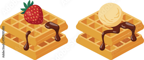 Sweet waffles with strawberry and ice cream, delicious dessert breakfast cartoon vector illustration set