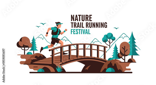 Energetic Athlete Sprinting Across Bridge During Nature Trail Running Festival Illustration