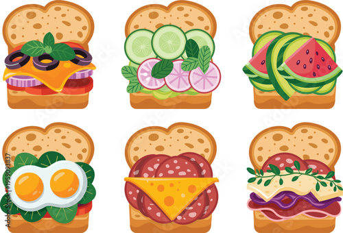 Variety of healthy and classic sandwiches with vegetables meat and cheese, cartoon vector illustration set