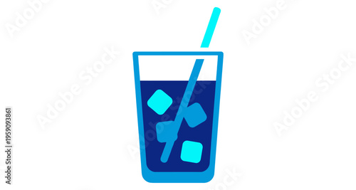 Blue Drink with Ice Cubes and Straw in Glass Minimalist Flat Design