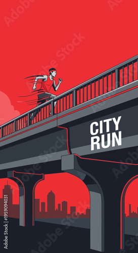 Energetic City Runner Sprinting Across Urban Bridge in Bold Red and Gray Illustration