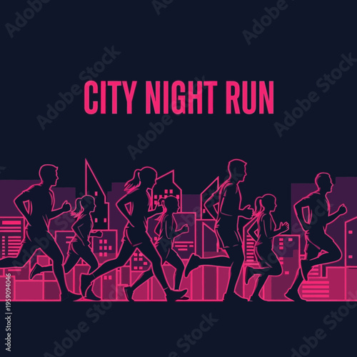 Energetic City Runners Silhouette Against a Vibrant Night Skyline Illustrative Design Concept