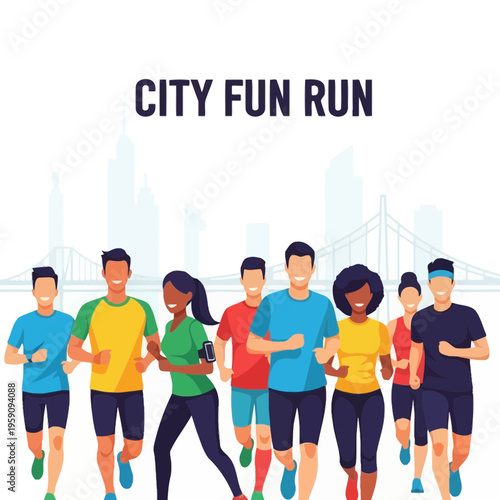 Energetic City Runners Participating in a Joyful Fun Run Competition Under Bright Skyline