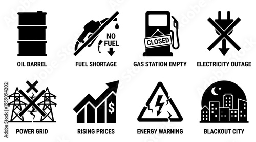 Energy Crisis and Fuel Shortage Icon Set Vector – Black-and-White Illustrations of Oil Barrel, Fuel Shortage, Gas Station Empty, Electricity Outage, Power Grid, Rising Prices, Blackout City