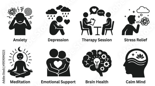 Mental Health and Emotional Well-Being Icon Set Vector – Black-and-White Illustrations of Stress, Depression, Therapy, Happiness, Meditation, Emotional Support, Brain Health, Calm Mind
