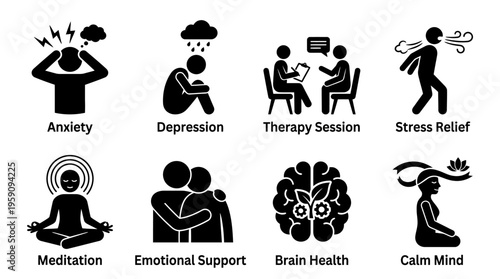 Mental Health and Emotional Well-Being Icon Set Vector – Black-and-White Illustrations of Stress, Depression, Therapy, Happiness, Meditation, Emotional Support, Brain Health, Calm Mind