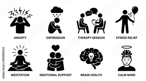 Mental Health and Emotional Well-Being Icon Set Vector – Black-and-White Illustrations of Stress, Depression, Therapy, Happiness, Meditation, Emotional Support, Brain Health, Calm Mind