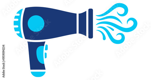 Blue Hair Dryer Blowing Air Stream Isolated White Background Flat Icon Design