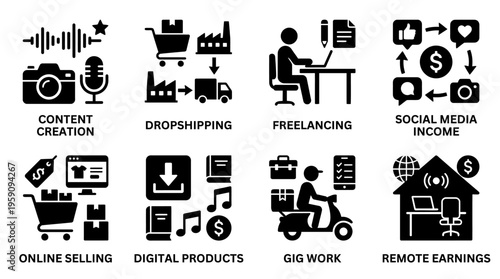 Online Income Opportunities Icon Set Vector – Black-and-White Illustrations of Content Creation, Dropshipping, Freelancing, Social Media Income, Online Selling, Digital Products, Gig Work, Remote Earn