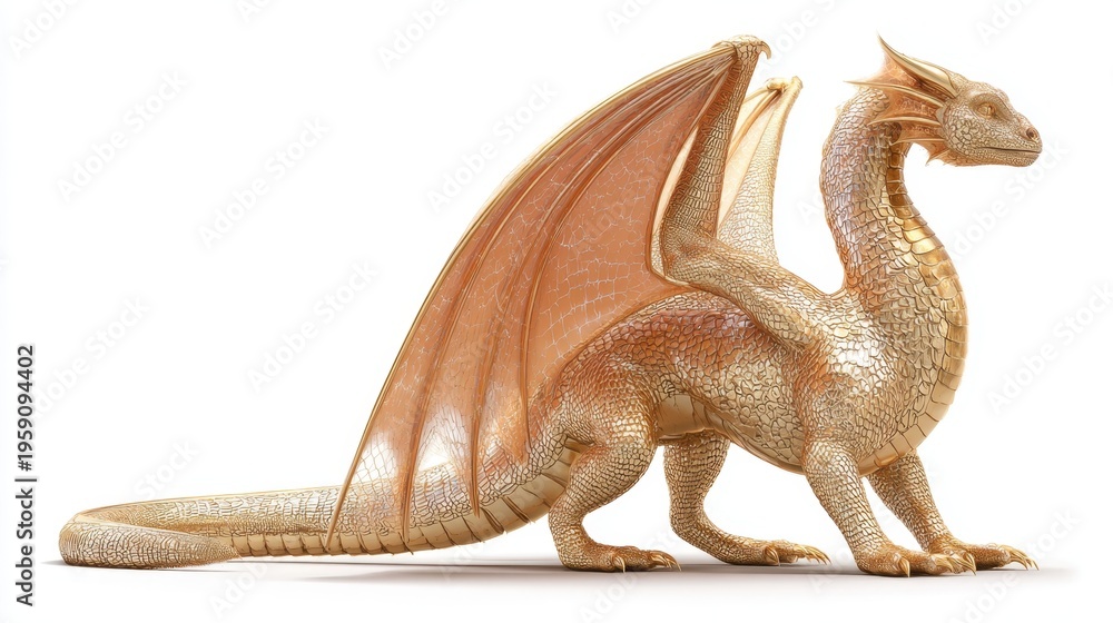 Fototapeta premium Golden dragon standing with wings extended on white background