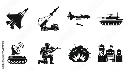 Military Operations Icon Set Vector – Black Silhouette Illustrations of Fighter Jet, Missile Launcher, Drone Bombing, Tank, Radar Tower, Soldier, Explosion, Fortress Base