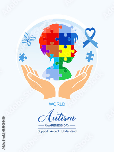 Poster concept World Autism Awareness Day with silhouette and hand illustration. Banner or background vector design template.