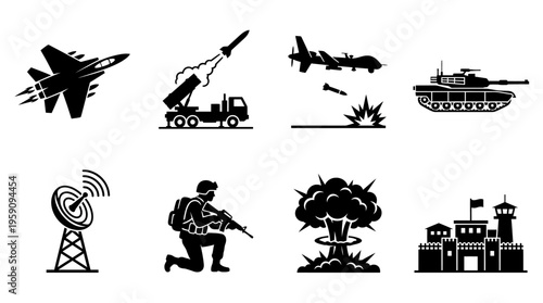 Military Operations Icon Set Vector – Black Silhouette Illustrations of Fighter Jet, Missile Launcher, Drone Bombing, Tank, Radar Tower, Soldier, Explosion, Fortress Base