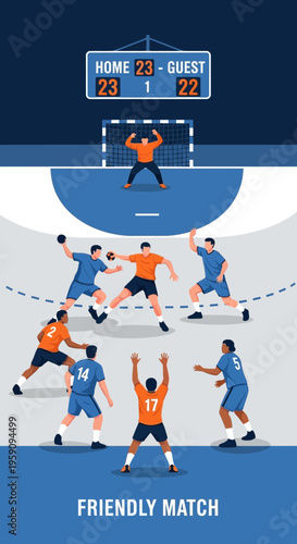 Energetic Handball Players Competing in a Thrilling Indoor Match