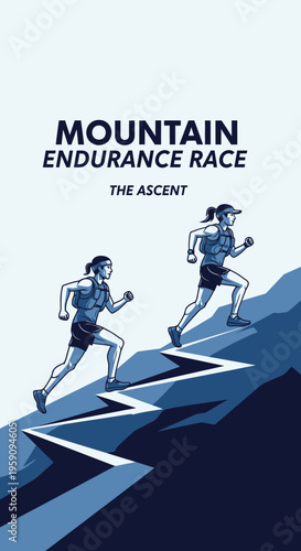 Energetic Mountain Endurance Race Depiction Featuring Athletes Ascending a Steep, Challenging Slope