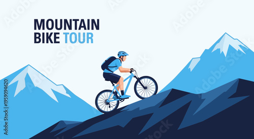 Energetic Mountain Biker Ascends Snowy Peaks Adventure Tour