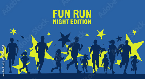 Energetic Night Fun Run Event Illustration With Silhouettes And Stars