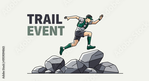 Energetic Runner Leaping Over Rocks During Trail Event Competition Illustration