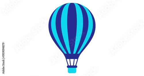 Blue striped hot air balloon with basket against white background graphic illustration simple design