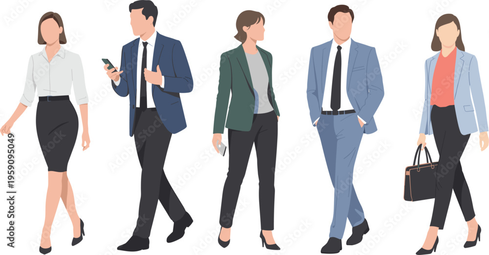 Obraz premium Business people walking with smartphones and bags, professional office workers cartoon vector illustration set