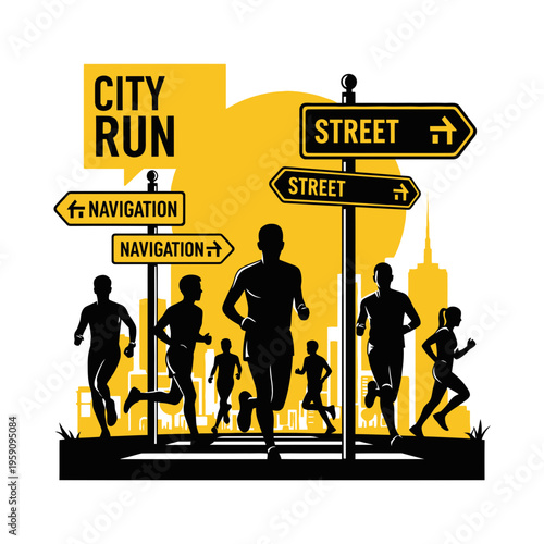Energetic Silhouettes Sprinting Through Urban Landscape with Street Signs, City Run Concept