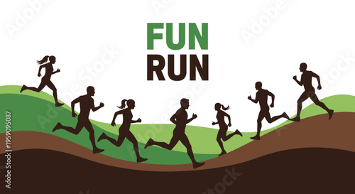 Energetic Silhouettes Running Uphill, Showcasing Fun Run Event's Dynamic and Active Nature