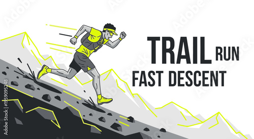 Energetic Trail Runner Descending Steep Slope at High Speed Depicting Motion