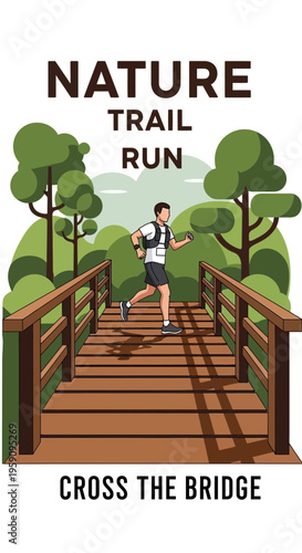 Energetic Trail Runner Crossing Wooden Bridge in Nature's Serene Landscape Adventure