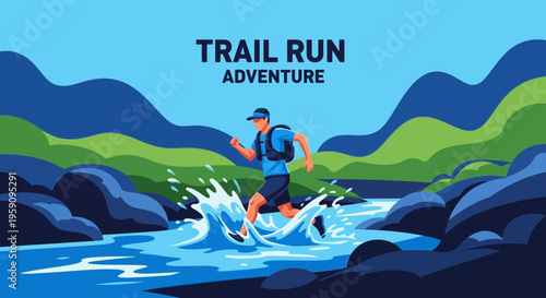 Energetic Trail Runner Navigating a River in a Vibrant Landscape During Outdoor Adventure