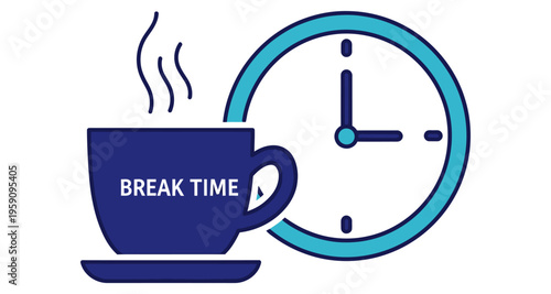 Coffee Cup with Steam and Clock Indicating Break Time Concept Flat Design