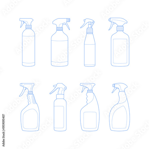 Set of spray bottle line icons, ideal for cleaning product design, packaging, and branding use.