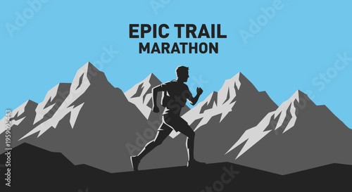 Epic Marathon Runner in Mountains Silhouette, Trail Running Adventure Concept