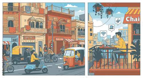 Illustration of a vibrant city street scene with people riding scooters and a man sitting at a cafe with a cup of chai on a balcony with a railing and city buildings in the background.