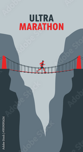 Epic Ultra Marathon Runner Crossing Suspended Bridge Over Vast Canyon Abyss