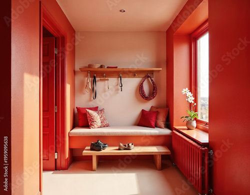 Modern organized entry corner with bench rack and bright cozy vibe