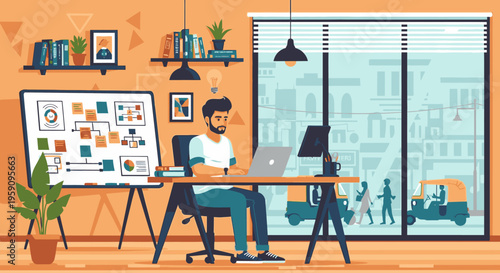 Illustration of a man working on a laptop at a desk in a modern office with a whiteboard and city view.