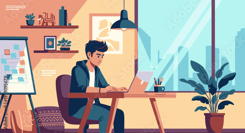 Illustration of a man working on a laptop at a desk in a modern office with a city view and plants, conveying a productive atmosphere.
