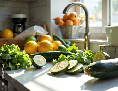 Fresh kitchen setup with vibrant vegetables and herbs on display