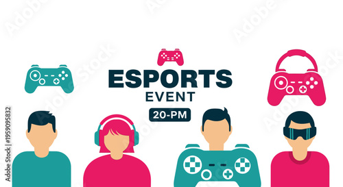 Esports Event Advertisement Featuring Gamers, Controllers, And The Esports Title Text