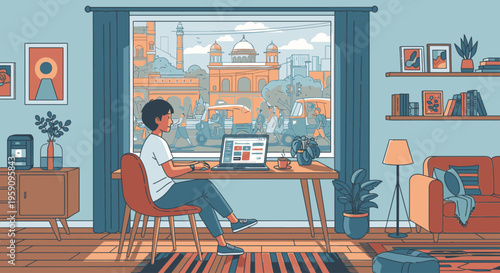 Man sitting at a desk with a laptop in a cozy living room with a city view through the window.