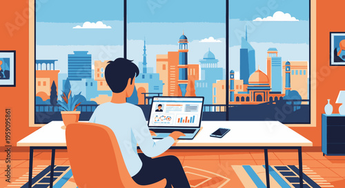 Illustration of a man sitting at a desk working on a laptop with a cityscape view through a large window in a modern office.