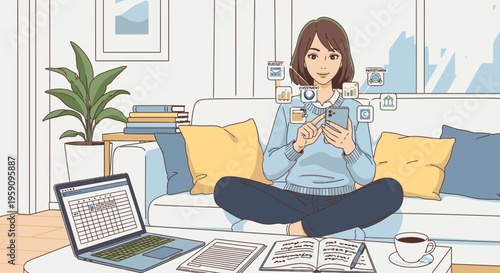 A young woman sits cross-legged on the floor with a laptop and books while knitting in a cozy living room with a warm and relaxed mood.