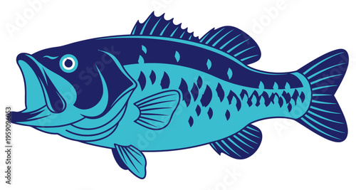 Largemouth Bass Fish Illustration Open Mouth Detailed Scales Blue Cyan Colors Isolated