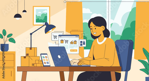 A woman sits at a desk with a laptop and tablet in a modern office with plants and warm lighting.